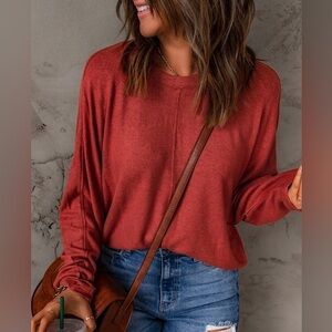 NEW Dark Red Crewneck Pullover Pieced Long Sleeve Top
